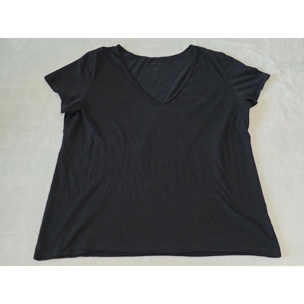 TESLA Womens XL black wordmark short sleeve v neck 100% cotton tee Spellout - Picture 2 of 8
